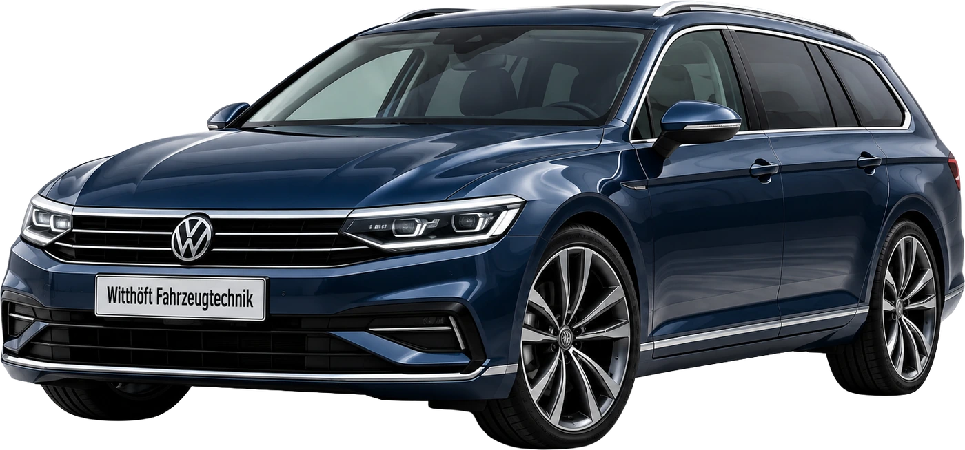 Dunkelblauer VW Passat Variant in seitlicher Frontansicht mit dem Kennzeichen „Witthöft Fahrzeugtechnik“