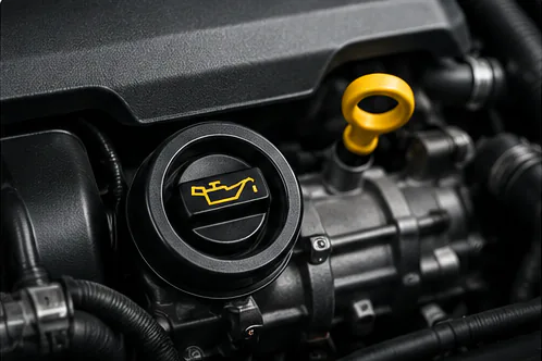 Öleinfülldeckel mit Ölkannen-Symbol im Motorraum eines modernen Fahrzeugs